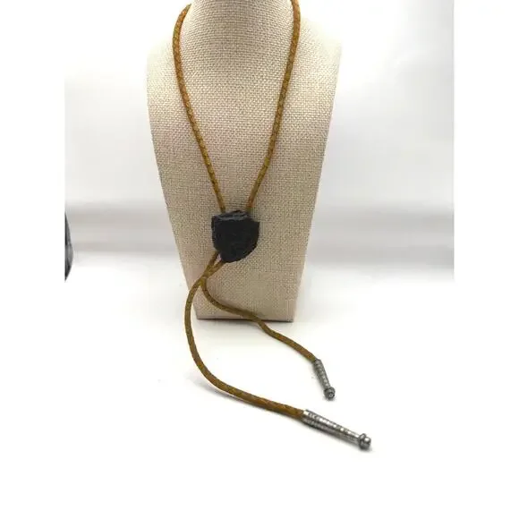 Vintage Braided Leather Bolo Tie with Black Stone Slide